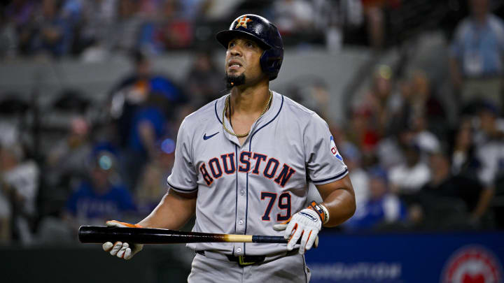 Apr 5, 2024; Arlington, Texas, USA; Houston Astros first base Jose Abreu (79) during the game between the Texas Rangers and the Houston Astros at Globe Life Field.