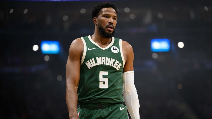 Apr 2, 2024; Washington, District of Columbia, USA; Milwaukee Bucks guard Malik Beasley (5) looks on during the first quarter against the Washington Wizards at Capital One Arena.