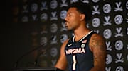 Oct 8, 2025; Charlotte, NC, USA; Virginia player Malik Thomas answers questions from the media at The Hilton Charlotte Uptown. Mandatory Credit: William Howard-Imagn Images