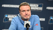 Mar 19, 2025; Providence, RI, USA; Kansas Jayhawks head coach Bill Self speaks to the media during a press conference at Amica Mutual Pavilion. Mandatory Credit: Eric Canha-Imagn Images