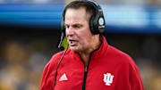 Sep 27, 2025; Iowa City, Iowa, USA; Indiana Hoosiers head coach Curt Cignetti looks on during the fourth quarter against the Iowa Hawkeyes at Kinnick Stadium. 