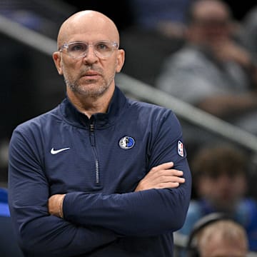Mar 31, 2025; Dallas, Texas, USA; Dallas Mavericks head coach Jason Kidd during the game between the Dallas Mavericks and the Brooklyn Nets at the American Airlines Center. Mandatory Credit: Jerome Miron-Imagn Images