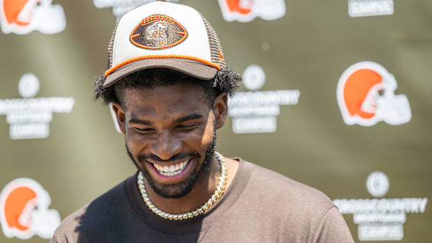 May 10, 2025; Berea, OH, USA; Cleveland Browns quarterback Shedeur Sanders (12) talks to the media during rookie minicamp at