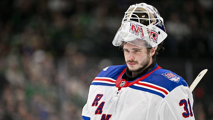 Apr 11, 2026; Dallas, Texas, USA; New York Rangers goaltender Igor Shesterkin (31) skates back on the ice during the second period against the Dallas Stars at the American Airlines Center. 