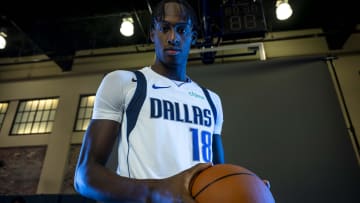 Sep 29, 2023; Dallas, TX, USA; Dallas Mavericks forward Olivier-Maxence Prosper (18) poses for a photo during the Mavs Media Day at the American Airlines Center. Mandatory Credit: Jerome Miron-USA TODAY Sports