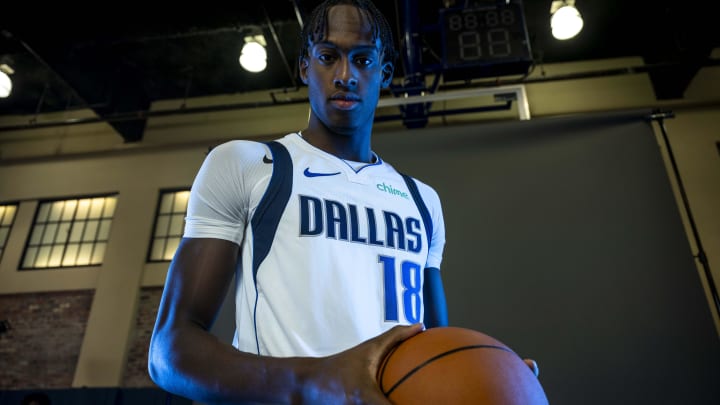 Sep 29, 2023; Dallas, TX, USA; Dallas Mavericks forward Olivier-Maxence Prosper (18) poses for a photo during the Mavs Media Day at the American Airlines Center. Mandatory Credit: Jerome Miron-USA TODAY Sports