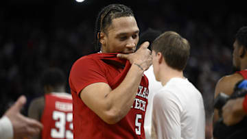 Mar 29, 2025; San Francisco, CA, USA; Texas Tech Red Raiders forward Darrion Williams (5) reacts after losing to the Florida Gators during the West Regional final of the 2025 NCAA tournament at Chase Center. Mandatory Credit: Eakin Howard-Imagn Images