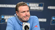 Mar 19, 2025; Providence, RI, USA; Kansas Jayhawks head coach Bill Self speaks to the media during a press conference at Amica Mutual Pavilion. Mandatory Credit: Eric Canha-Imagn Images