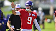Aug 2, 2024; Eagan, MN, USA; Minnesota Vikings quarterback J.J. McCarthy (9) looks on during practice at Vikings training camp in Eagan, MN.