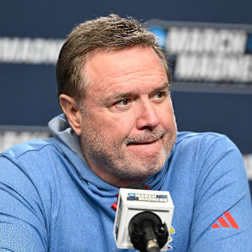 Mar 19, 2025; Providence, RI, USA; Kansas Jayhawks head coach Bill Self speaks to the media during a press conference at Amica Mutual Pavilion. Mandatory Credit: Eric Canha-Imagn Images