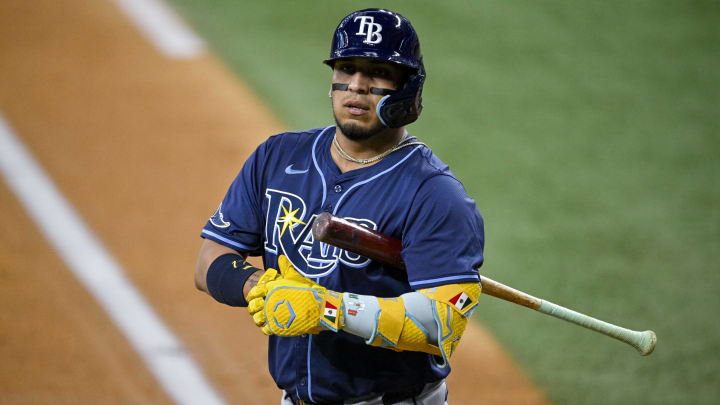 Jul 6, 2024; Arlington, Texas, USA; Tampa Bay Rays third baseman Isaac Paredes (17) in action during the game between the Texas Rangers and the Tampa Bay Rays at Globe Life Field