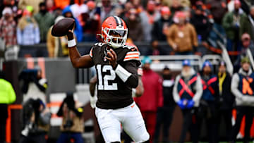 Nov 30, 2025; Cleveland, Ohio, USA;  Cleveland Browns quarterback Shedeur Sanders (12) makes a pass during the first half against the San Francisco 49ers at Huntington Bank Field. 