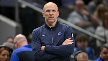 Mar 31, 2025; Dallas, Texas, USA; Dallas Mavericks head coach Jason Kidd during the game between the Dallas Mavericks and the Brooklyn Nets at the American Airlines Center. Mandatory Credit: Jerome Miron-Imagn Images