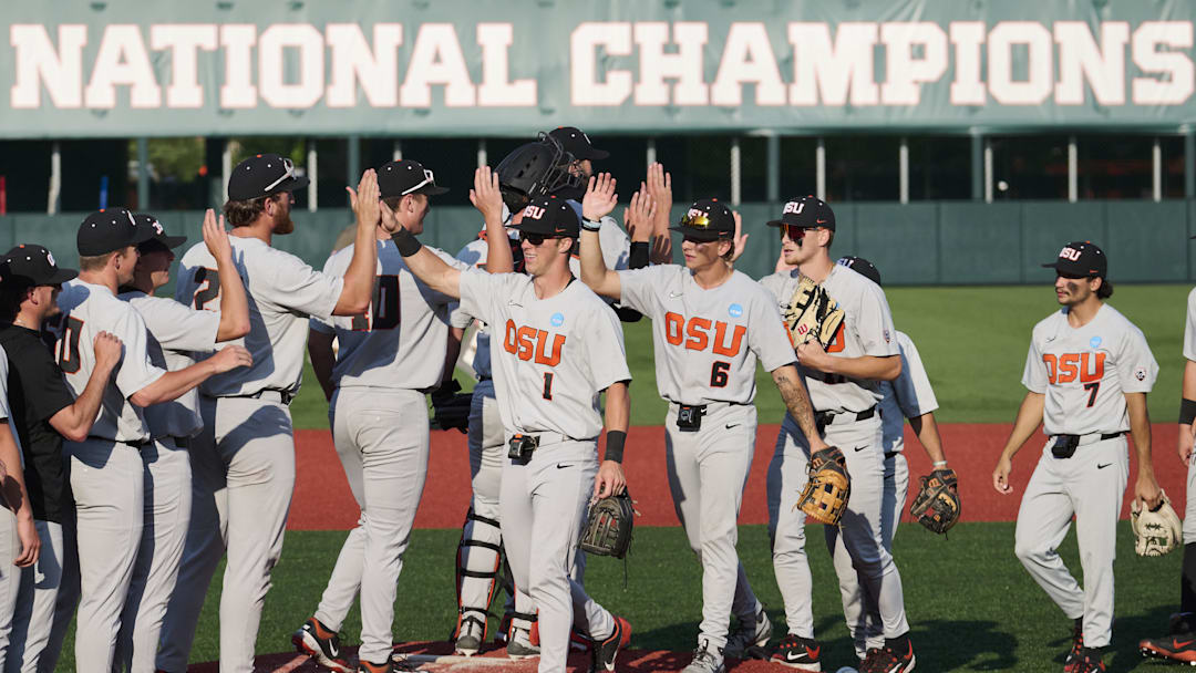Jun 1, 2025; Corvallis, OR, USA; Oregon St. outfielder Gavin Turley (1) leads the outfield players in high fives after beating Saint Mary's at the NCAA Corvallis Regional at Goss Stadium. Mandatory Credit: Troy Wayrynen-Imagn Images