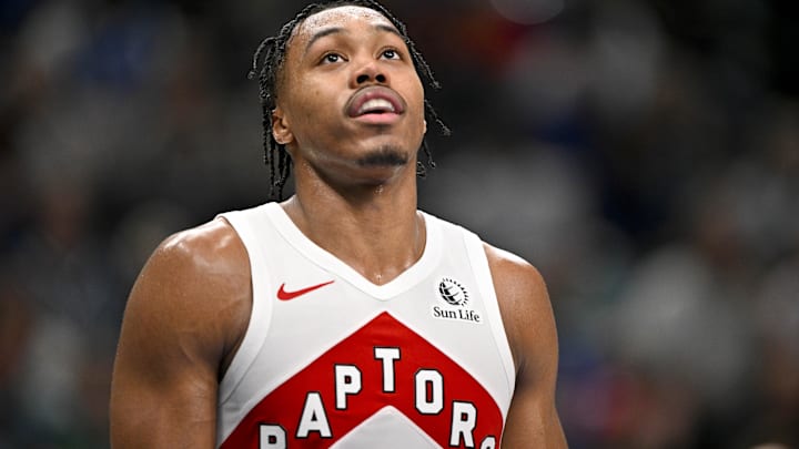 Oct 26, 2025; Dallas, Texas, USA; Toronto Raptors forward Scottie Barnes (4) looks on during the game between the Mavericks and the Raptors at the American Airlines Center. Mandatory Credit: Jerome Miron-Imagn Images