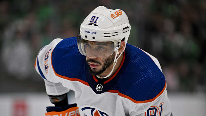 May 25, 2024; Dallas, Texas, USA; Edmonton Oilers left wing Evander Kane (91) in action during the game between the Dallas Stars and the Edmonton Oilers in game two of the Western Conference Final of the 2024 Stanley Cup Playoffs at American Airlines Center. Mandatory Credit: Jerome Miron-Imagn Images