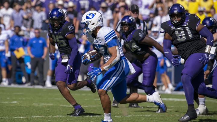 Oct 14, 2023; Fort Worth, Texas, USA; Brigham Young Cougars running back LJ Martin (27) in action during the game between the TCU Horned Frogs and the Brigham Young Cougars at Amon G. Carter Stadium.