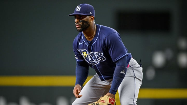 Jul 6, 2024; Arlington, Texas, USA; Tampa Bay Rays first baseman Yandy Diaz (2) in action during the game between the Texas Rangers and the Tampa Bay Rays at Globe Life Field