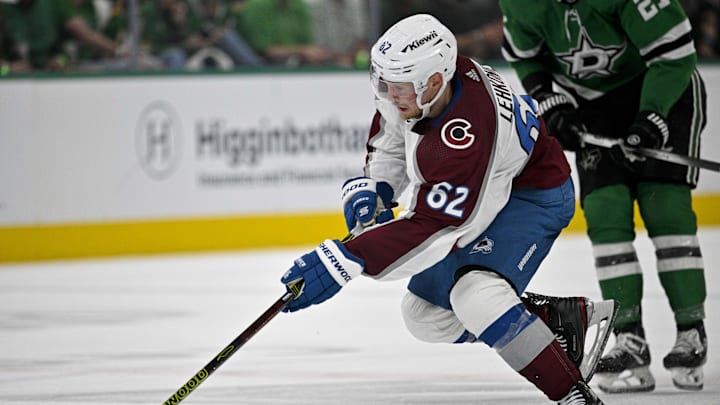 May 15, 2024; Dallas, Texas, USA; Colorado Avalanche left wing Artturi Lehkonen (62) skates against the Dallas Stars during the third period in game five of the second round of the 2024 Stanley Cup Playoffs at American Airlines Center. Mandatory Credit: Jerome Miron-Imagn Images May 15, 2024; Dallas, Texas, USA; Colorado Avalanche left wing Artturi Lehkonen (62) skates against the Dallas Stars during the third period in game five of the second round of the 2024 Stanley Cup Playoffs at American Airlines Center. Mandatory Credit: Jerome Miron-Imagn Images