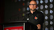 Oct 8, 2025; Charlotte, NC, USA; Louisville head coach Pat Kelsey answers questions from the media at The Hilton Charlotte Uptown. Mandatory Credit: William Howard-Imagn Images