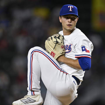 Sep 2, 2024; Arlington, Texas, USA; Texas Rangers starting pitcher Jack Leiter (35) pitches against the New York Yankees during the first inning at Globe Life Field. 