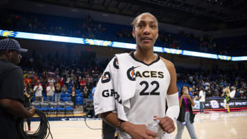 Sep 29, 2023; Arlington, Texas, USA; Las Vegas Aces forward A'ja Wilson (22) walks off the court after the Aces victory over the Dallas Wings during game three of the 2023 WNBA Playoffs at College Park Center. 