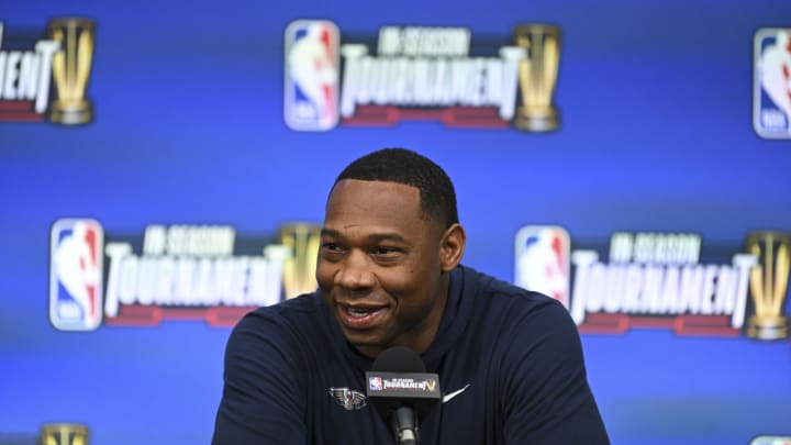 Dec 6, 2023; Las Vegas, NV, USA; New Orleans Pelicans head coach Willie Green addresses the media in a press conference during practice day prior to the In-Season Tournament semi-finals at T-Mobile Arena. 