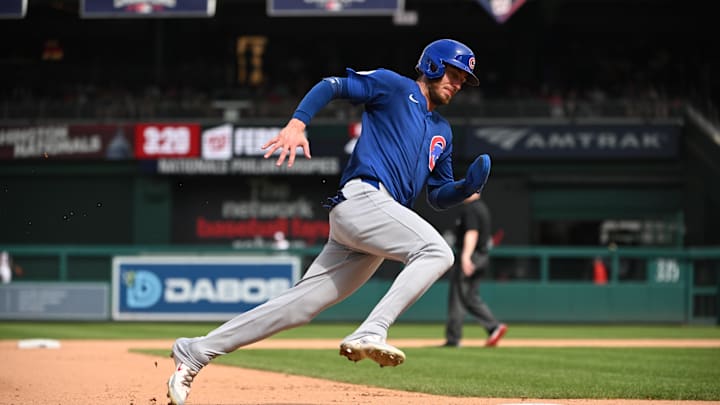 Sep 1, 2024; Washington, District of Columbia, USA; Chicago Cubs center fielder Cody Bellinger (24) rounds third base against the Washington Nationals during the seventh inning at Nationals Park. Mandatory Credit: Rafael Suanes-Imagn Images