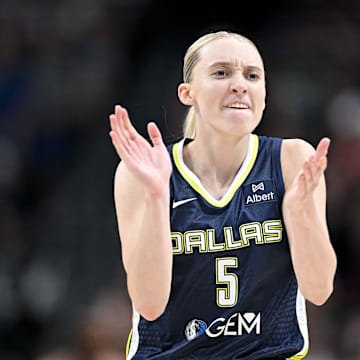Dallas Wings guard Paige Bueckers (5) is fired-up during the second half against the Indiana Fever at the American Airlines Center.