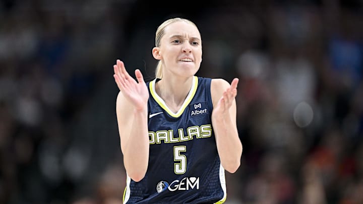 Dallas Wings guard Paige Bueckers (5) is fired-up during the second half against the Indiana Fever at the American Airlines Center.