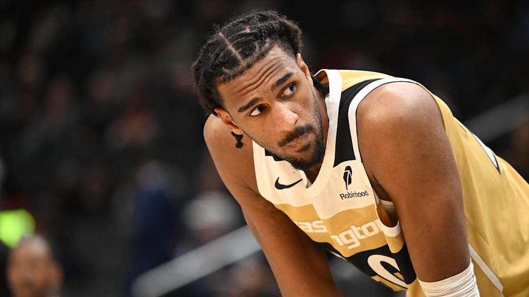 Feb 8, 2026; Washington, District of Columbia, USA;  Washington Wizards center Alex Sarr (20) looks up during a free throw against the Miami Heat during the third quarter at Capital One Arena. Mandatory Credit: Rafael Suanes-Imagn Images