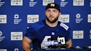 May 9, 2025; East Rutherford, NJ, USA; New York Giants running back Cam Skattebo (44) speaks to members of the press after rookie minicamp at Quest Diagnostics Training Center. Mandatory Credit: John Jones-Imagn Images
