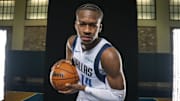 Sep 29, 2025; Dallas, TX, USA; Dallas Mavericks guard Miles Kelly (14) poses for a photo during the Mavericks 2025 media day at the American Airlines Center.