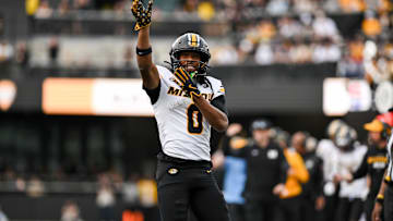 Missouri Tigers wide receiver Josh Manning (0) celebrates after a catch in a game against the Vanderbilt Commodores this season.