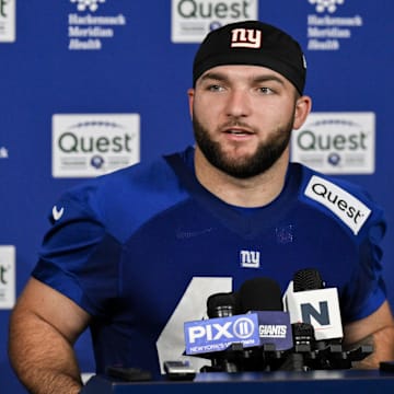May 9, 2025; East Rutherford, NJ, USA; New York Giants running back Cam Skattebo (44) speaks to members of the press after rookie minicamp at Quest Diagnostics Training Center. Mandatory Credit: John Jones-Imagn Images