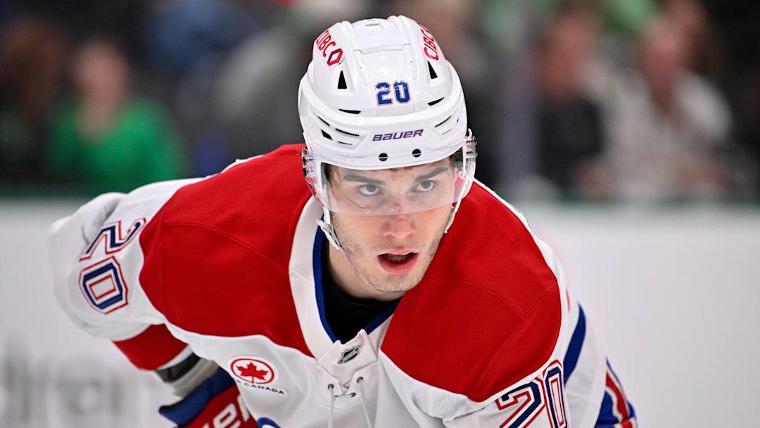 Jan 4, 2026; Dallas, Texas, USA; Montreal Canadiens left wing Juraj Slafkovsky (20) looks on during the game between the Stars and the Canadiens at the American Airlines Center. Mandatory Credit: Jerome Miron-Imagn Images