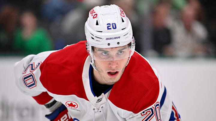 Jan 4, 2026; Dallas, Texas, USA; Montreal Canadiens left wing Juraj Slafkovsky (20) looks on during the game between the Stars and the Canadiens at the American Airlines Center. Mandatory Credit: Jerome Miron-Imagn Images