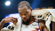 Dec 28, 2024; San Francisco, California, USA; Phoenix Suns forward Kevin Durant (35) during a timeout against the Golden State Warriors in the first quarter at Chase Center.