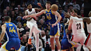 Oct 14, 2025; Portland, Oregon, USA; Portland Trail Blazers guard Blake Wesley (1) passes the ball during the first half against Golden State Warriors center Quinten Post (21) at Moda Center. Mandatory Credit: Troy Wayrynen-Imagn Images