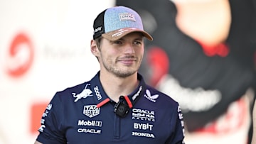 Oct 19, 2024; Austin, Texas, USA; Oracle Red Bull Racing driver Max Verstappen (1) of Team Netherlands smiles to the crowd during a fan forum before the Sprint Race in the 2024 Formula One US Grand Prix at Circuit of the Americas. Mandatory Credit: Jerome Miron-Imagn Images