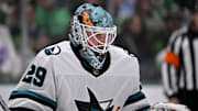 Nov 20, 2024; Dallas, Texas, USA; San Jose Sharks goaltender Mackenzie Blackwood (29) faces the Dallas Stars attack during the second period at the American Airlines Center. Mandatory Credit: Jerome Miron-Imagn Images