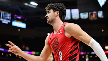 Mar 2, 2025; Cleveland, Ohio, USA; Portland Trail Blazers forward Deni Avdija (8) celebrates during the second half against the Cleveland Cavaliers at Rocket Arena. Mandatory Credit: Ken Blaze-Imagn Images