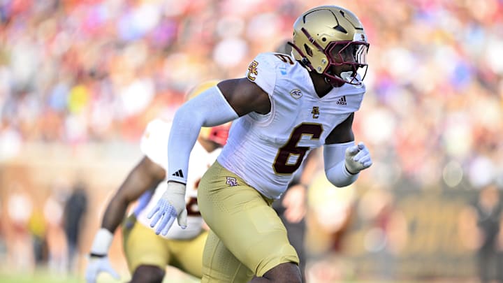 Nov 16, 2024; Dallas, Texas, USA; Boston College Eagles defensive end Donovan Ezeiruaku (6) in action during the game between the SMU Mustangs and the Boston College Eagles at Gerald J. Ford Stadium. Mandatory Credit: Jerome Miron-Imagn Images