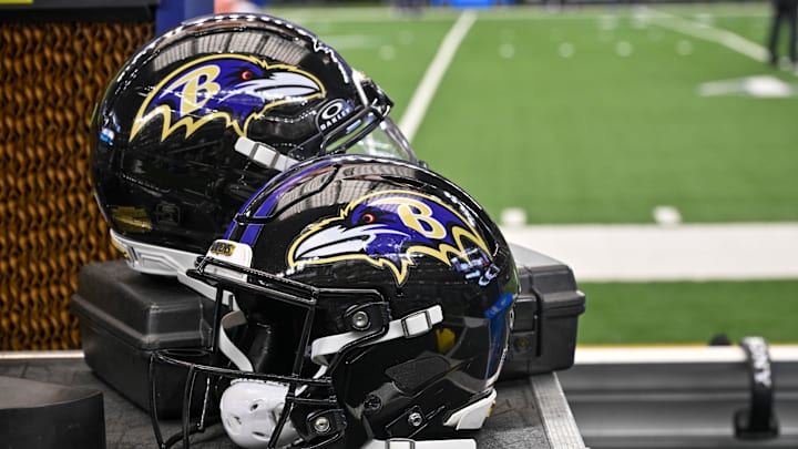 Aug 16, 2025; Arlington, Texas, USA; A view of the Baltimore Ravens logo and helmets before the game between the Dallas Cowboys and the Baltimore Ravens at AT&T Stadium. Mandatory Credit: Jerome Miron-Imagn Images