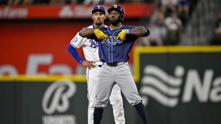 Tampa Bay Rays left fielder Randy Arozarena hits a double against the Texas Rangers on July 6 at Globe Life Field.