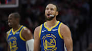 Golden State Warriors guard Stephen Curry (30) looks up a the scoreboard during the second half against the Portland Trail Blazers at Moda Center. 