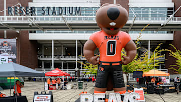Sep 6, 2025; Corvallis, Oregon, USA; Oregon State Beavers mascot Benny Beaver Photo Booth on the concourse at Reser Stadium before the game against the Fresno State Bulldogs. Mandatory Credit: Craig Strobeck-Imagn Images