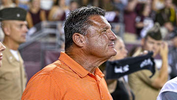 Sep 17, 2022; College Station, Texas, USA; Former LSU head coach Ed Orgeron watches the game between the Texas A&M Aggies and the Miami Hurricanes during the second half at Kyle Field. Mandatory Credit: Jerome Miron-Imagn Images