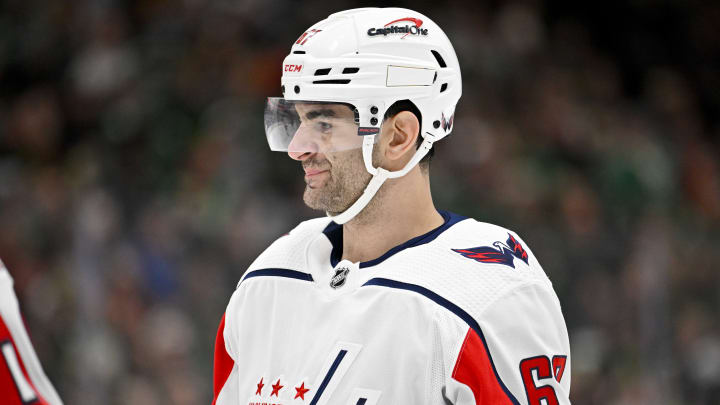 Jan 27, 2024; Dallas, Texas, USA; Washington Capitals left wing Max Pacioretty (67) during the game between the Dallas Stars and the Washington Capitals at the American Airlines Center. Mandatory Credit: Jerome Miron-USA TODAY Sports