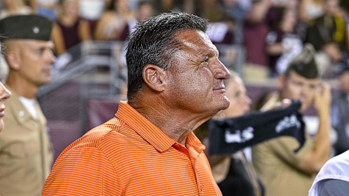 Sep 17, 2022; College Station, Texas, USA; Former LSU head coach Ed Orgeron watches the game between the Texas A&M Aggies and the Miami Hurricanes during the second half at Kyle Field. Mandatory Credit: Jerome Miron-Imagn Images